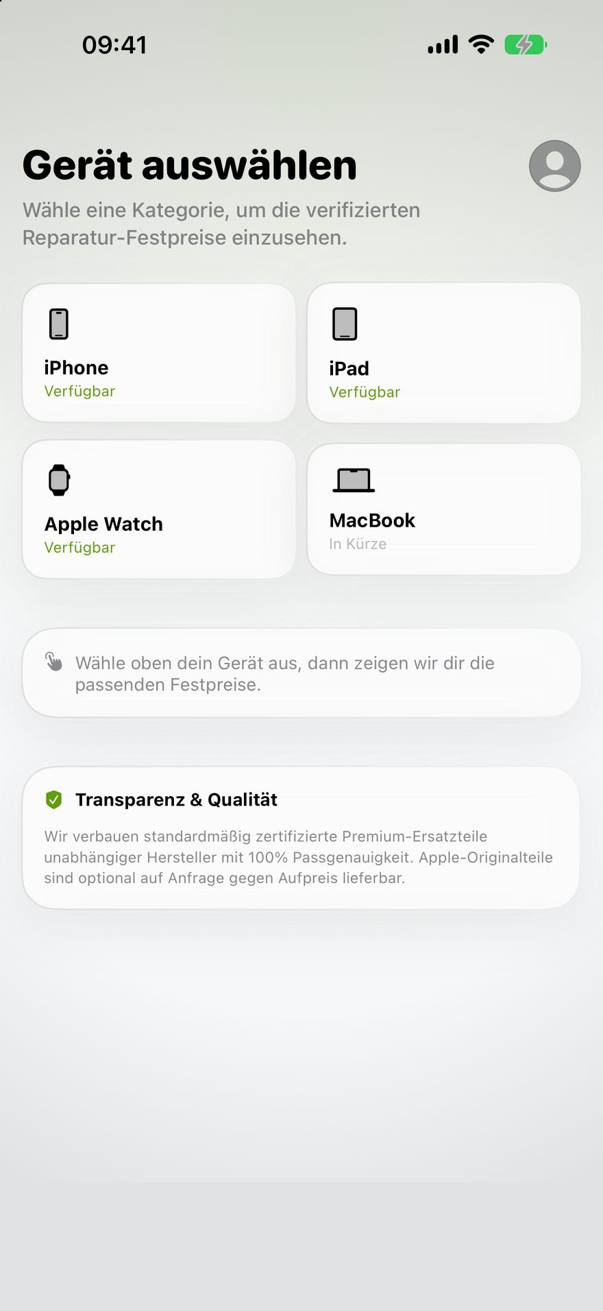 App-Bildschirm „Gerät auswählen“